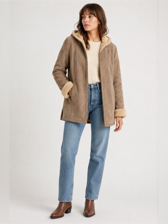 St. John's Bay Jackets & Blazers - St. John’s Bay Faux Suede Sherpa Hooded Jacket Women’s Small Beige Taupe Coat